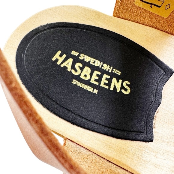 NEW Swedish Hasbeens Peep Toe Low Wood Clog Sandals Nature Size 38 US 8 - Picture 7 of 16